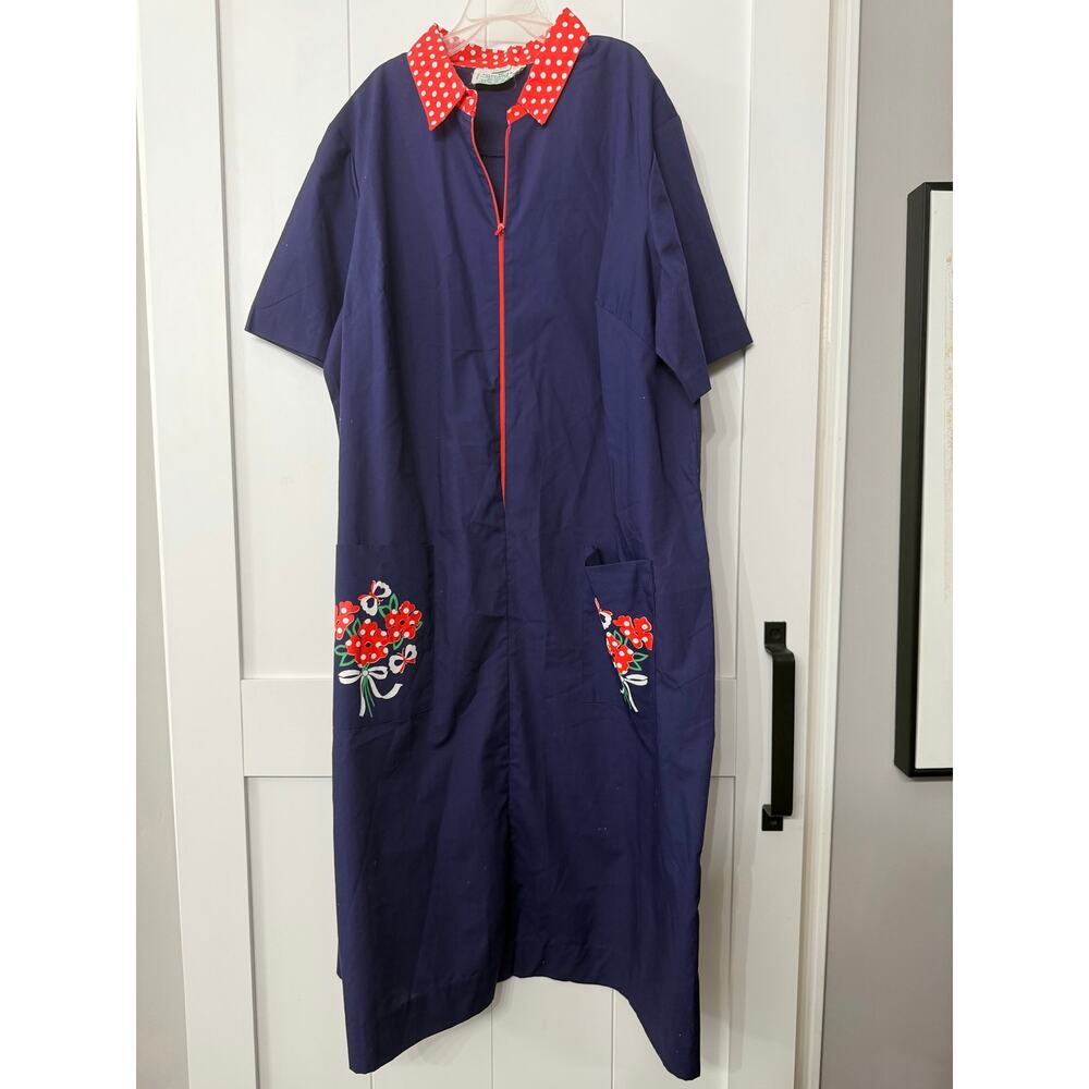VINTAGE 60's Burnside navy zipper dress red polkadot collar & pockets sz M-L
